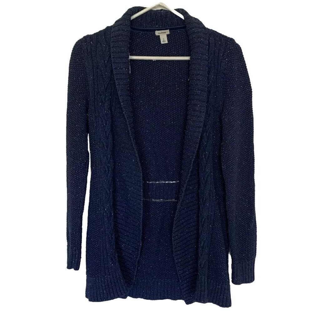 LL Bean Womens Cardigan Small Knit Open Front Sweater Long Sleeve Blue White Dot